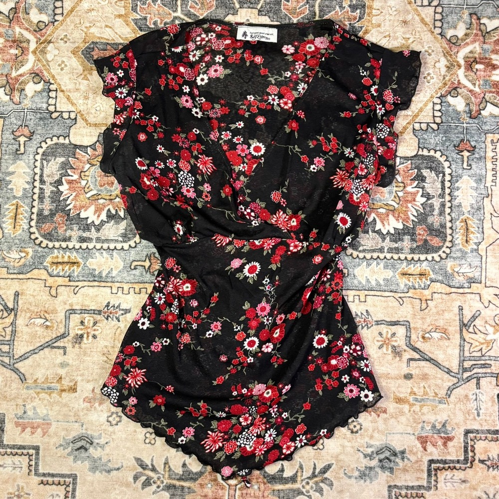 Vintage Self Esteem Floral V-Neck Wrap Top Black Flutter Sleeve Lettuce Hem 90s
